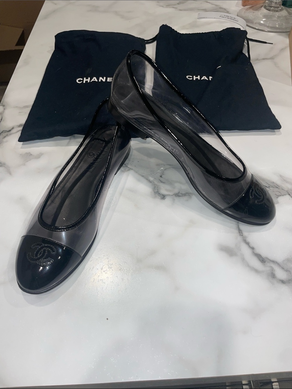 RARE CHANEL Black Cap-Toe Ballet Transparent Flats Size 38/Size 8